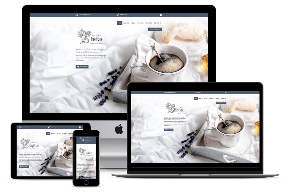 BayBaie Bed & Breakfast and Bistro Website by The Pridham Group displayed on multiple devices.