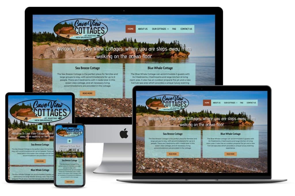 Cave View Cottages website, designed by The Pridham Group, shown on multiple devices.