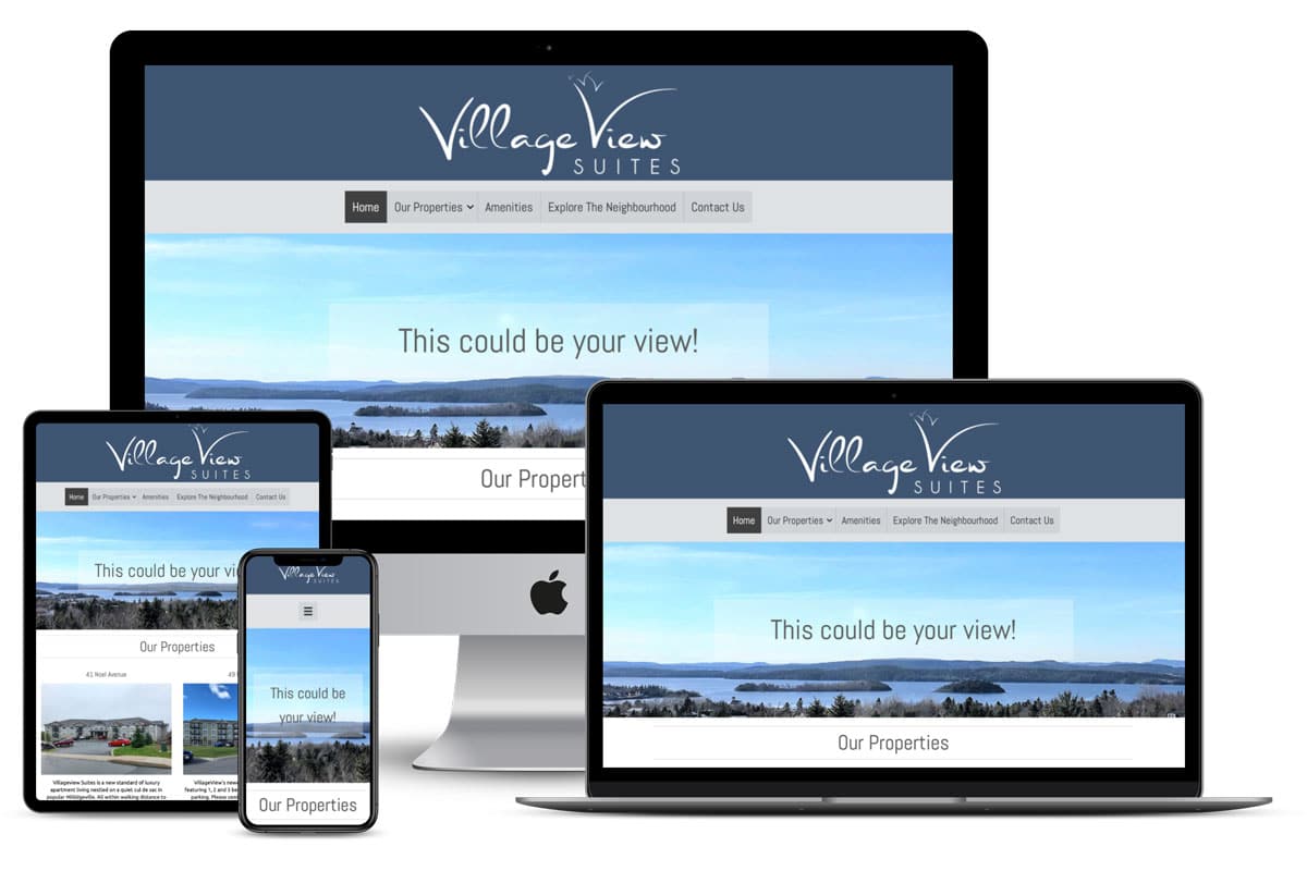 Village View Suites Website Design by The Pridham Group displayed on multiple devices.