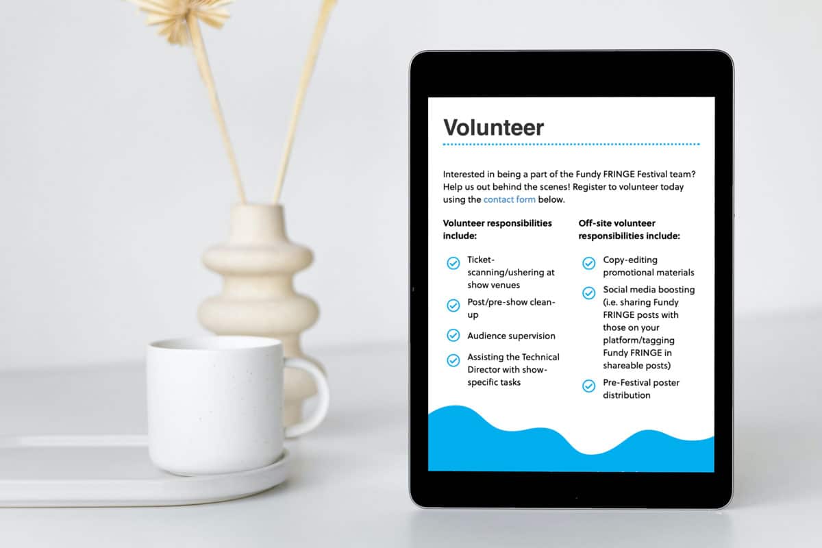 Fundy Fringe Festival website design displayed on an iPad.