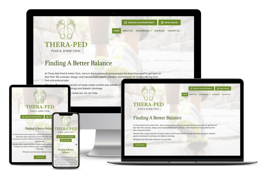 Thera-Ped Foot & Ankle Pedorthic Clinic website displayed on multiple devices.