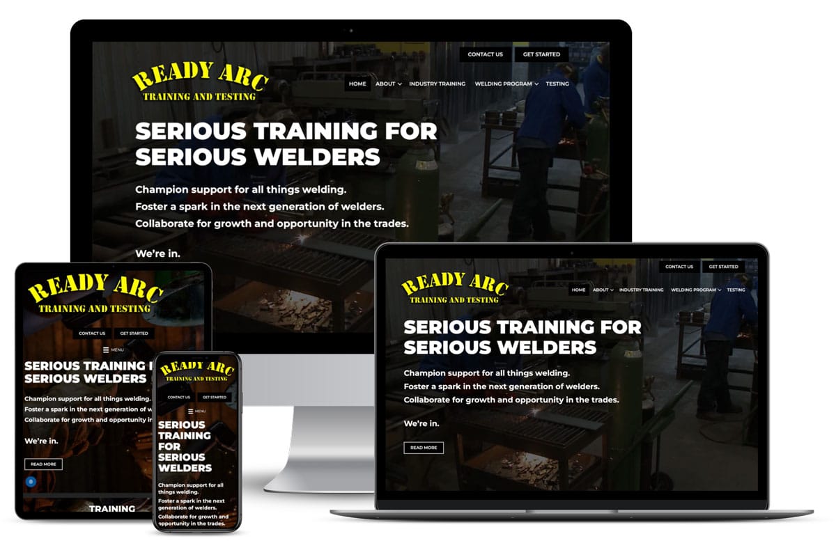 Ready Arc Training and Testing Welding School Website Design by The Pridham Group displayed on multiple devices.