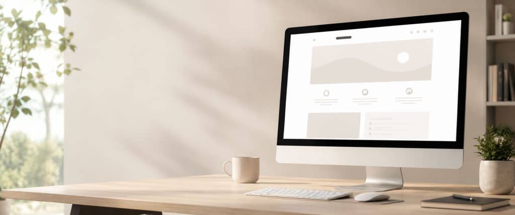 Modern desktop computer displaying a website wireframe emhasizing clear websites with clarity.