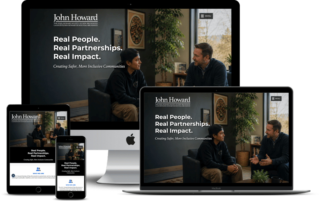 John Howard Society of New Brunswick website on multiple devices, designed and developed by The Pridham Group